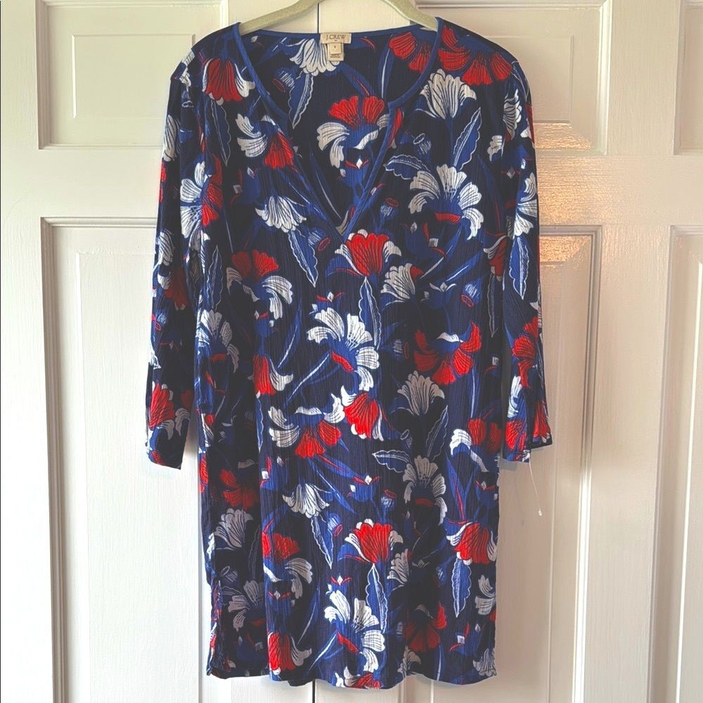 J. CREW Floral Tunic Gauzy Crinkle Cotton Split Neck Dress Blue Red White Small